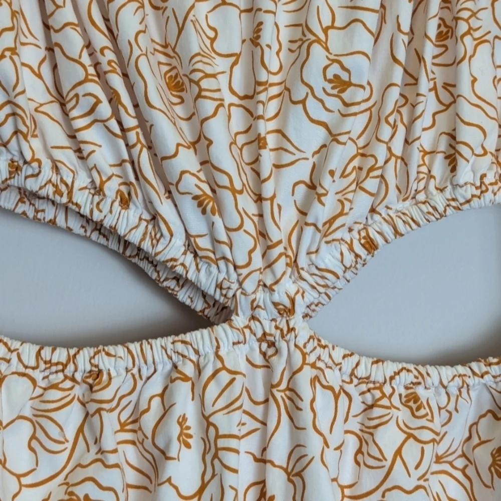 Faithfull The Brand Orange White Gabelli Mini Dress Puff Sleeves Size Large